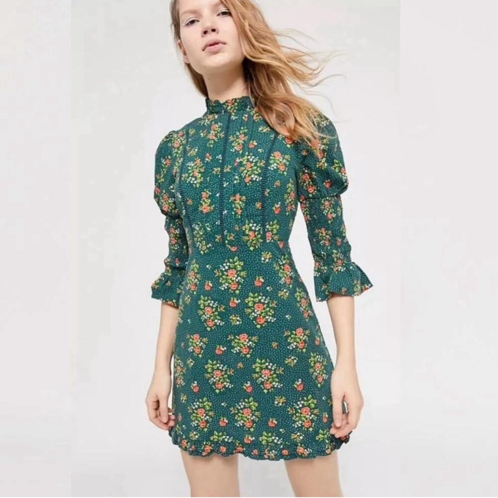Laura Ashley x Urban Outfitters Puff Sleeve Mini Dress Size XS Green Floral